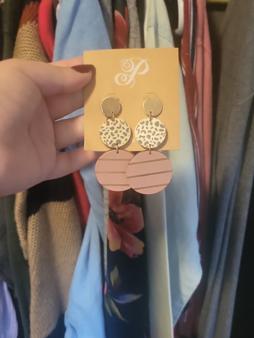 Plunder Pink Patterned Triple-Drop Circle Earrings